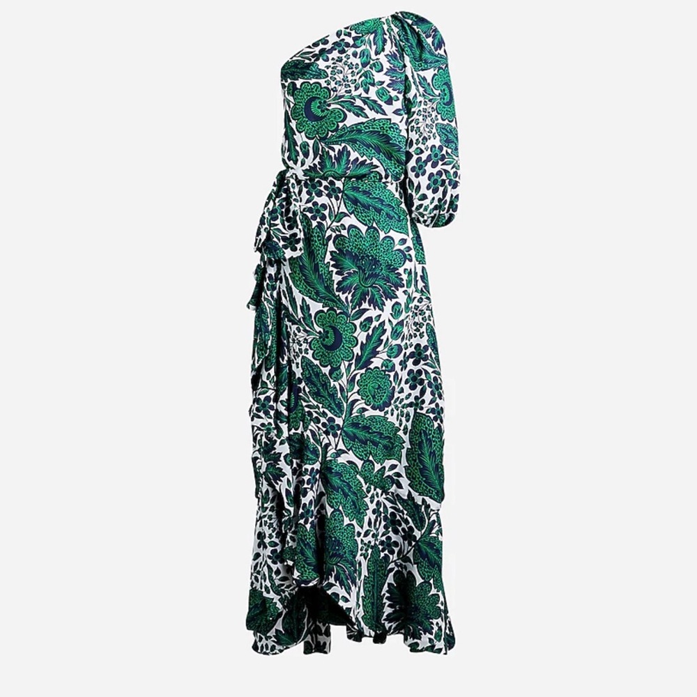 J. Crew Collection one-shoulder ruffle-hem dress in emerald floral